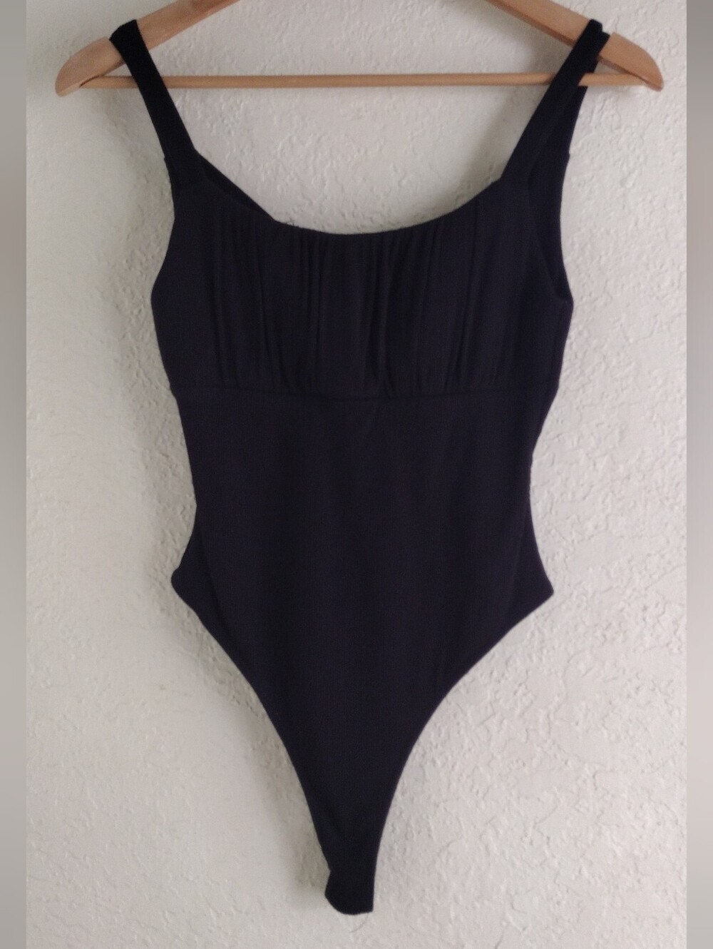 Frankly Black Ribbed Ruched Bust Crisscross Back Bodysuit Size M - Picture 3 of 7